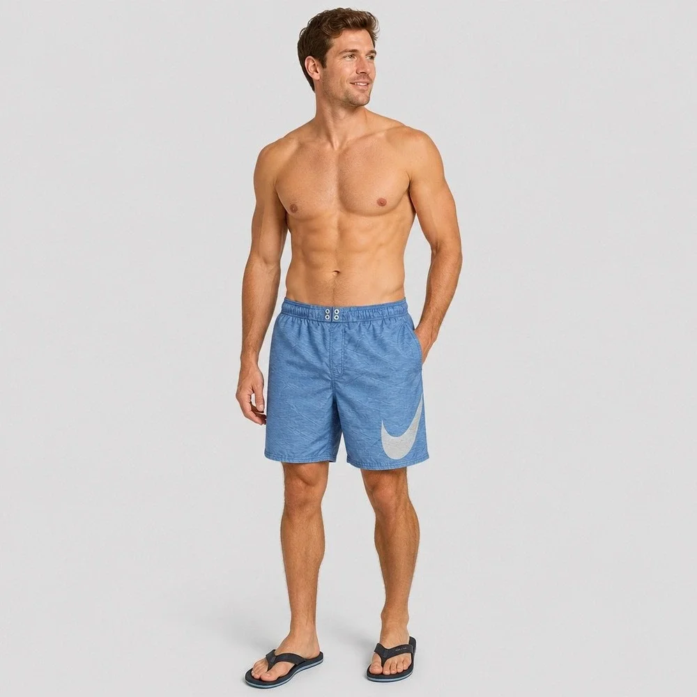 Nike Mens Blue Heathered Swim Trunks Large Swoosh Logo Board Shorts Size S